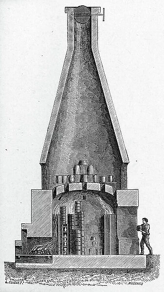 Art. Oven for faience (tin glazed pottery). Engraving in: Grands hommes et grands faits de l'industrie, France, c.1880 (engraving)