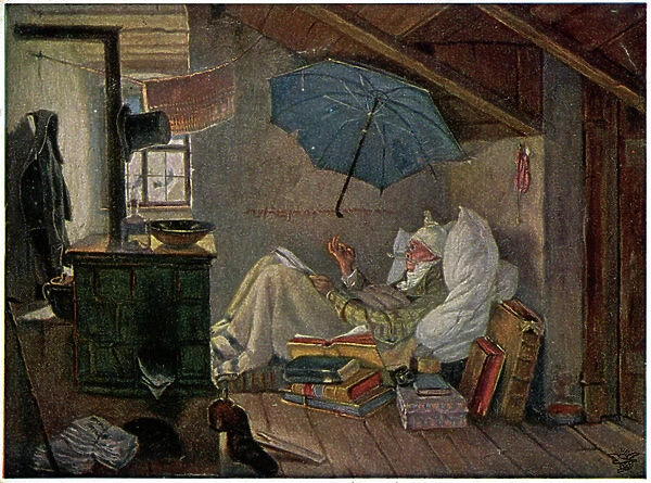 Art. 'The old poet'. Artist and bohemian life in an attic. Illustration by Carl Spizweg, Allemagne, c.1900 (postcard)