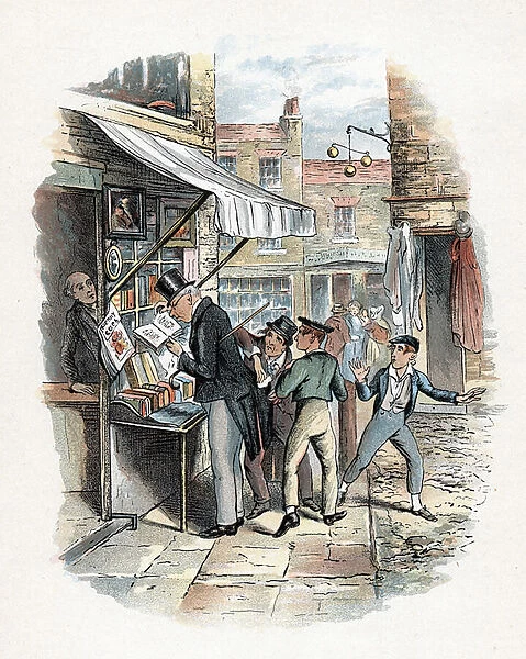 The Artful Dodger picking a pocket to the amazement of Oliver Twist. Illustration by George Cruikshank (1792-1878) for Charles Dickens Oliver Twist 1837-1839