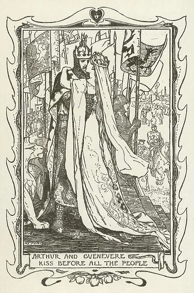 Arthur and Guenevere kiss before all the people (engraving)