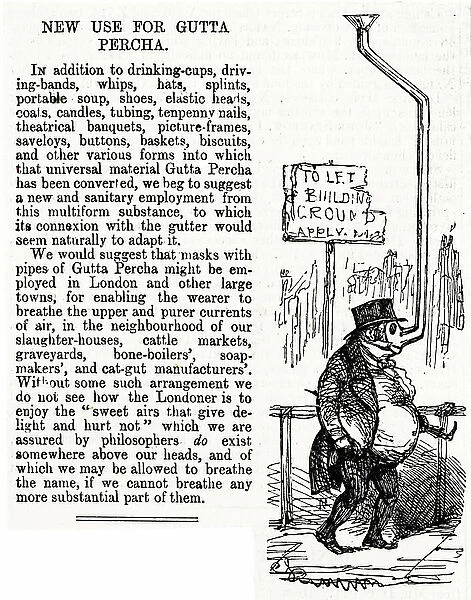 Article suggesting a new use for gutta percha (rubber) based on the assumption that air above the head was less polluted than that near the pavement and gutter, 19th century