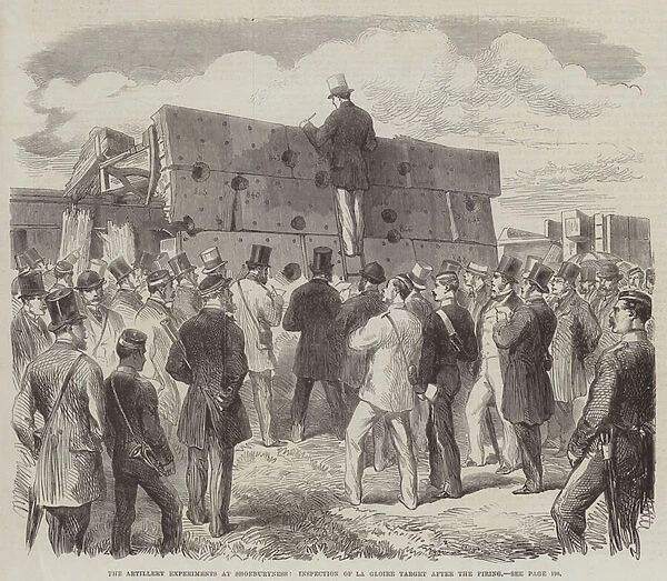 The Artillery Experiments at Shoeburyness, Inspection of La Gloire Target after the Firing (engraving)