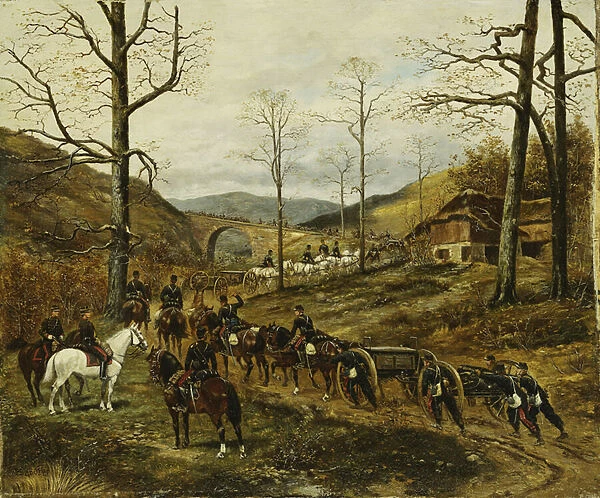Artillery Moving Through a Valley, Rezonville, (oil on canvas)