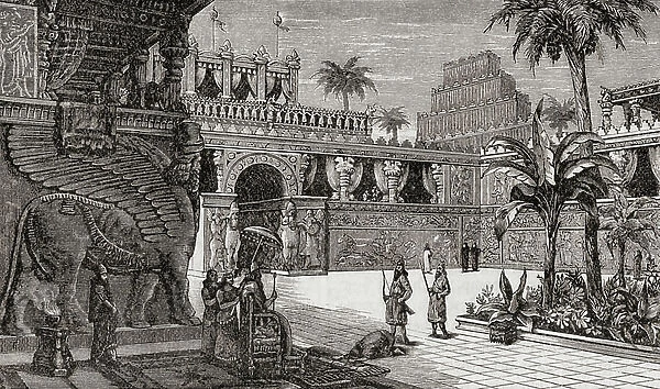Artist's impression of an Assyrian palace. From Cassell's Universal History, published 1888 (b / w engraving)