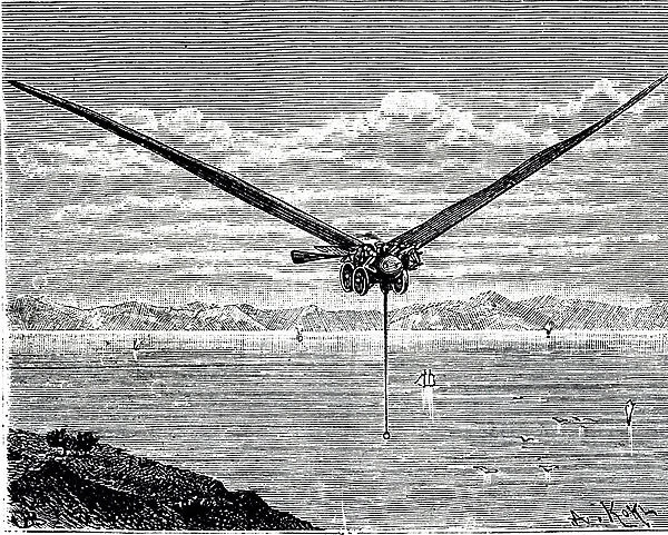 An artist's impression of Kaufmann's steam-powered aeroplane, shown as a model at the Aeronautical Exhibition held in London in 1868, 19th century