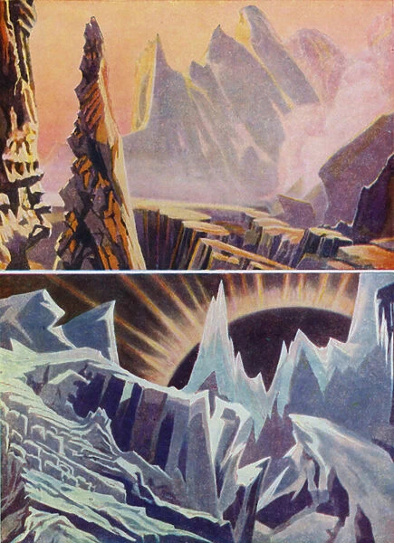 An artists vision of the scenery of the planet Mercury, on both the hot and cold sides (colour litho)