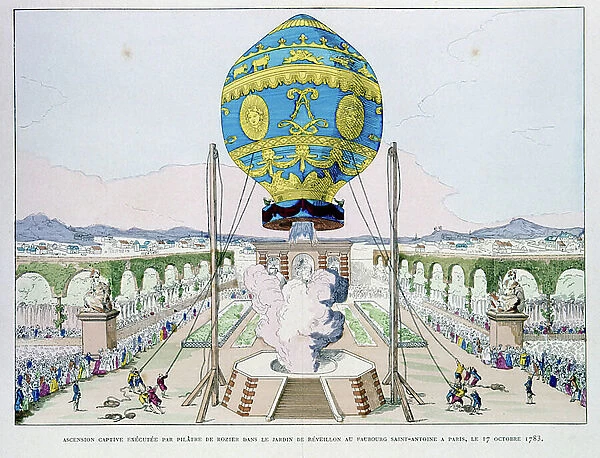 Ascent in captive hot air balloon made by Francois Pilatre de Rozier (1754-85) in Paris, 11 October 1783, 1887 (engraving)
