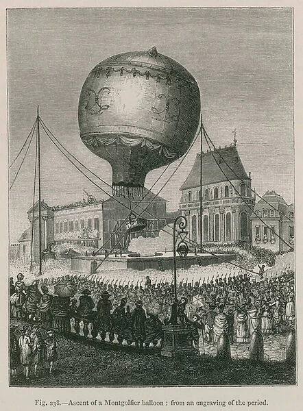 Ascent of a Montgolfier Balloon; from an Engravings of the Period (engraving)