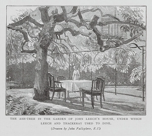 The ash tree in the garden of John Leech's house, under which Leech and Thackeray used to dine (litho)
