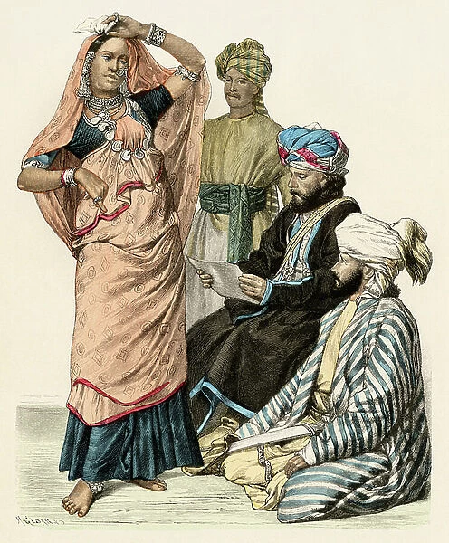 Asia: traditional costumes of the population of the Asian continent. Indian dancer and Afghan men (Afghanistan) in the 19th century. Colour engraving