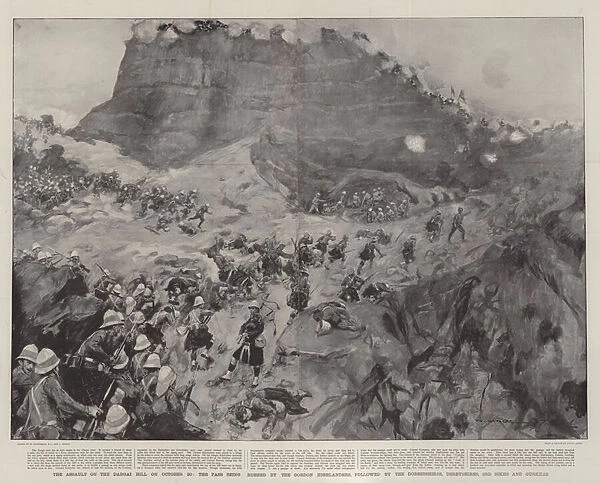 The Assault on the Dargai Hill on 20 October, the Pass being rushed by the Gordon Highlanders, followed by the Dorsetshires, Derbyshires, 3rd Sikhs and Gurkhas (engraving)