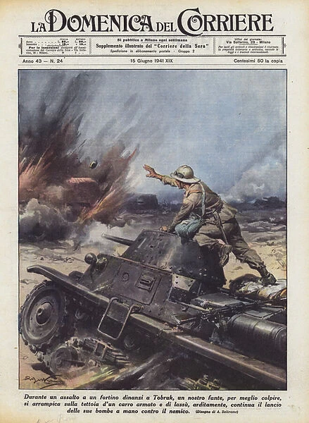 During an assault on a fort in front of Tobruk, one of our infantrymen, to better strike... (colour litho)
