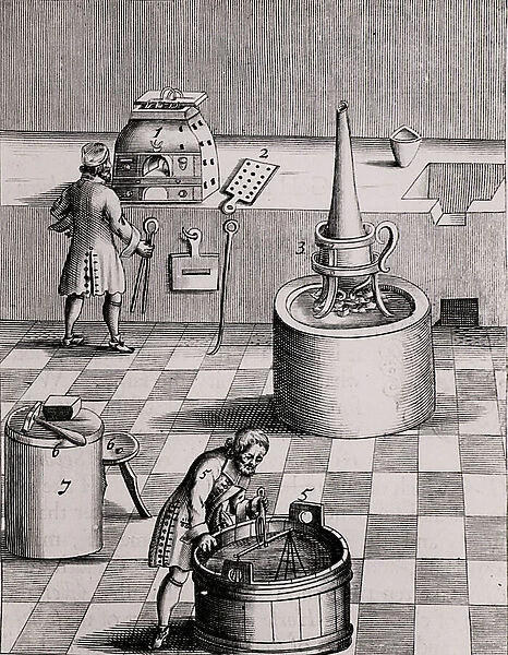 Assay laboratory for gold and silver, 1574 (engraving)