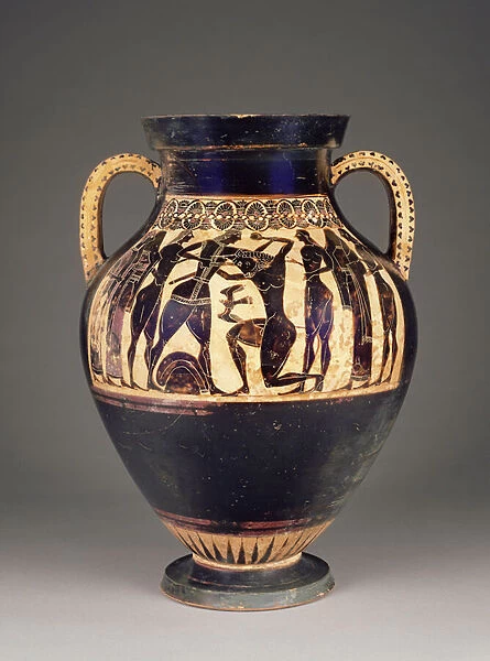 Athenian Attic black-figure amphora attributed to Lydos with Theseus killing the Minotaur, 550-40 BC (terracotta)