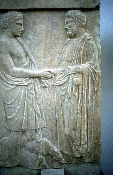 Athenian youth greeting older man. 5th century BC (relief)