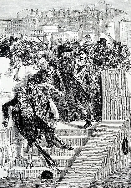 The attack of Joseph Marie Jacquard, 1880 (engraving)