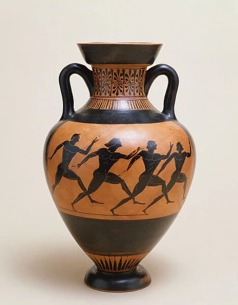 An Attic black-figure amphora of panathenaic shape featuring four naked athletes