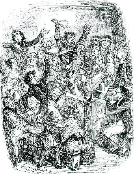 The audience at a lecture enjoying the effects of laughing gas (nitrous oxide). Illustration by George Cruikshank for John Scoffern Chemistry No Mystery: or, a Lecturers Bequest, London, 1834