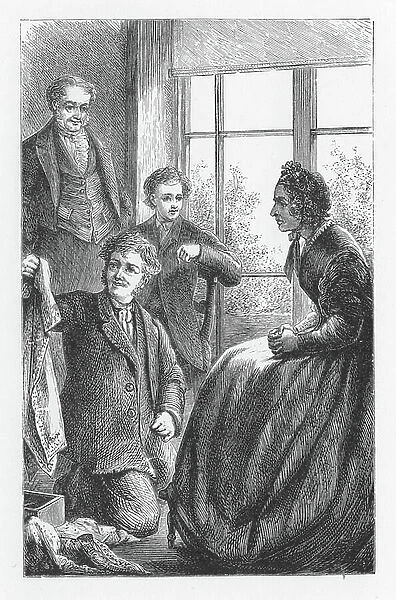 Aunt Clegg, one of Mrs Tulliver's sisters, looking over the goods in Bob Jakin's pack. Illustration by Walter James Allen (active 1859-1891) for an undated 19th century edition of The Mill on the Floss by George Eliot, originally published 1860