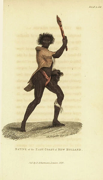 Australian aboriginal with club. Native of the East Coast of New Holland (Port Jackson, Sydney, Australia). Handcoloured copperplate engraving after a sketch by Jacques Arago from Frederic Shoberl's The World in Miniature