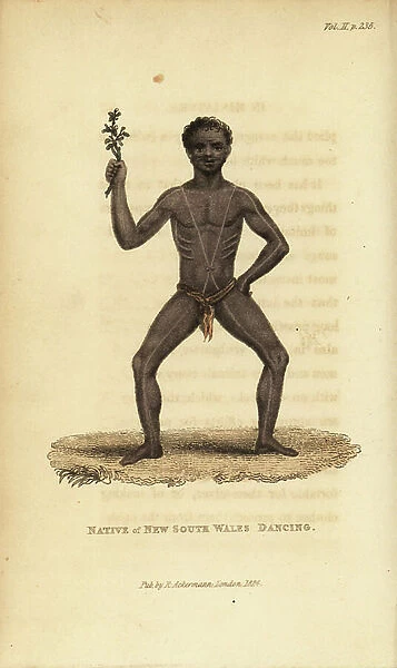 Australian aboriginal dancing at a corroboree. Body painted with pipe clay and red ochre. Native of New South Wales dancing. Handcoloured copperplate engraving from Frederic Shoberl's The World in Miniature: The Asiatic Islands and New Holland, R