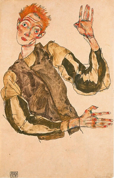 Autoportrait avec manches a rayures - Oeuvre de Egon Schiele (1890-1918), gouache sur papier, 1915 (49x31, 5 cm) - Self-Portrait with Striped Armlets, Gouache on paper by Egpn Schiele, 1915 - Leopold Museum, Vienna