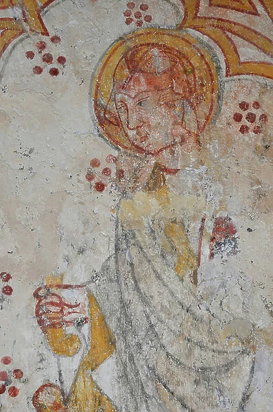 Avy, Church Notre Dame. 14th century mural (Virgin and Child surrounded, worship by pelerins accompanied by their Holy Patrons)