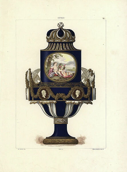 Ax Colombes vase by Sevres, neoclassical design with vignette of two cupids playing. From the collection of Baron Alphonse de Rothschild. Chromolithograph by Gillot of an illustration by Edouard Garnier from The Soft Paste Porcelain of Sevres