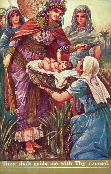 The baby Moses found in the bulrushes by Pharaoh's daughter (colour litho)