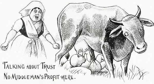 A baby sucking utters from cow and angry mother, 1850