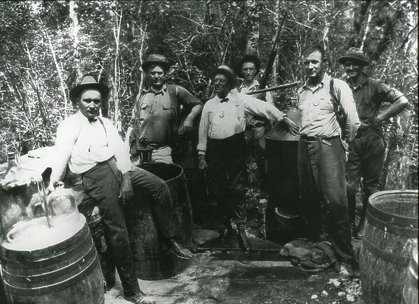 A backwoods still operating during Prohibition (b / w photo)