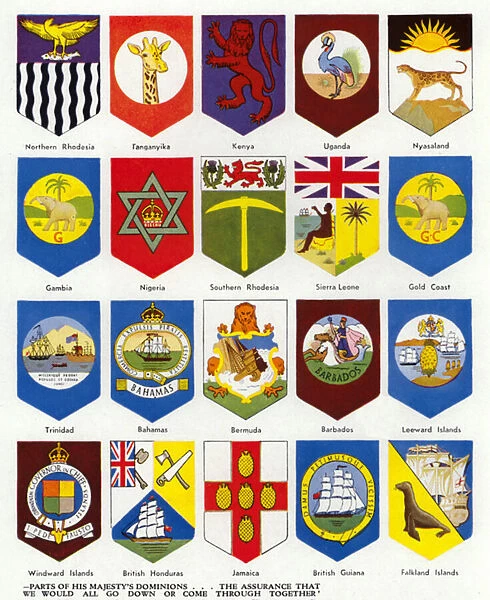 Badges of colonies and dominions that fought with Britain in the Second World War (colour litho)