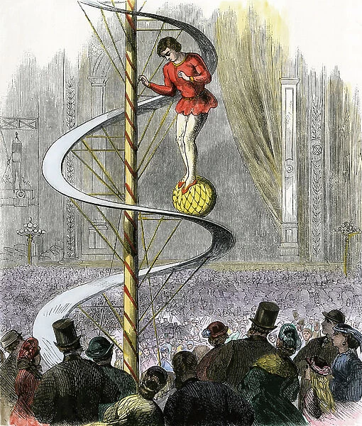 Balancing performer, 1860s - Signor Ethardo's balancing act at the Crystal Palace, London, 1860s
