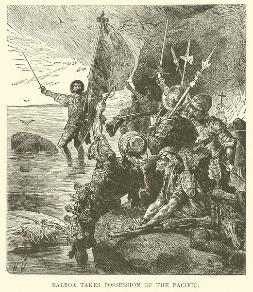 Balboa takes possession of the Pacific Ocean (engraving)