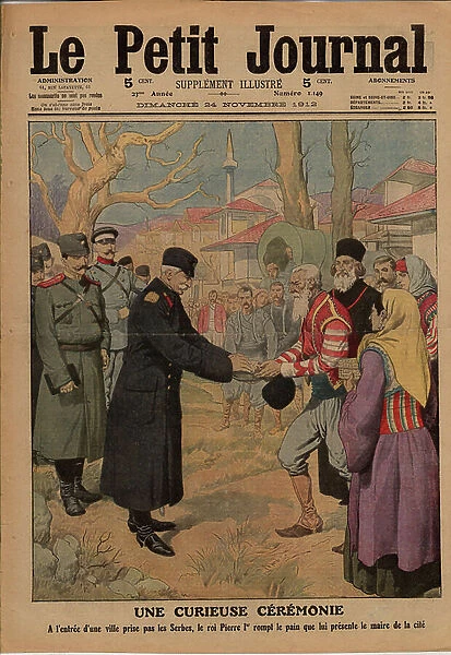 Balkan Wars: Peter I King of Serbia, breaking the bread 1912 (print)