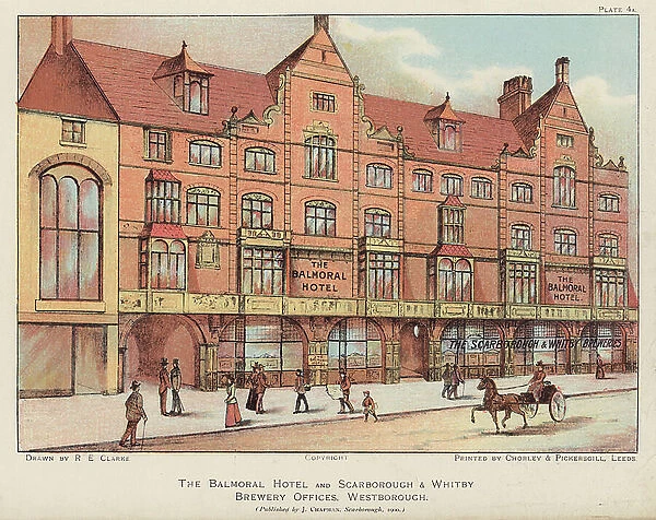 Balmoral Hotel and Scarborough & Whitby Brewery offices, Scarborough (colour litho)