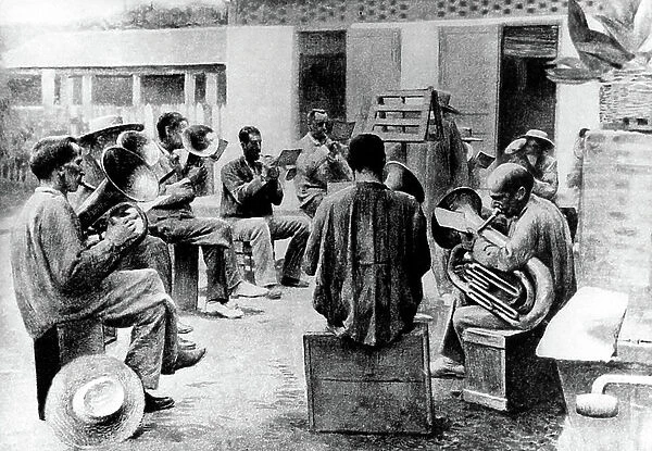 band of convicts in penal colony in Guyana, c. 1900
