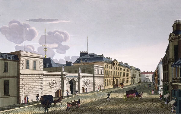 The Bank of France from Rue Croix-Petits-Champs, engraved by Eugene Dubois