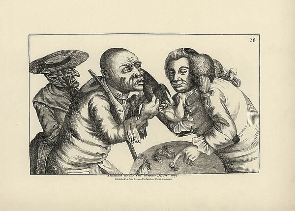 Bankrupt Toby and wife Doxy begging for cheese and ale in a tavern. Copperplate engraving by Thomas Sanders after a satirical illustration by Timothy Bobbin (John Collier) (1708-1786) from Human Passions Delineated, John Haywood, Manchester, 1773