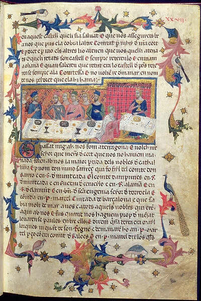 Banquet given by Father Martell for James I (1208-76) in Tarragona in 1228 at which the Conquest of the Balearic Isles was Agreed, from Libre dels Feits (vellum) (see also 113569)