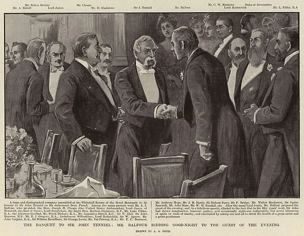 The Banquet to Sir John Tenniel, Mr Balfour bidding Good-Night to the Guest of the Evening (litho)