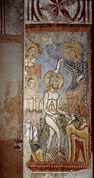 The baptism of Christ in the Jordan Fresco of the 11th-13th century. Lower Basilica of the Church of San Fermo Maggiore, Verona