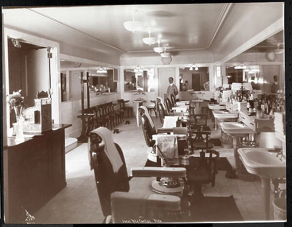 The barbershop at the Philadelphia Ritz-Carlton Hotel, 1913 (silver gelatin print)