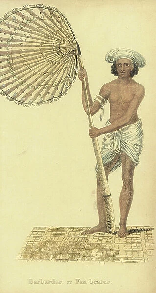 Barburdar, punkah wallah or fan bearer, in loincloth and turban, with fan made of a palmyra leaf. Handcoloured copperplate engraving by an unknown artist from ' Asiatic Costumes, ' Ackermann, London, 1828