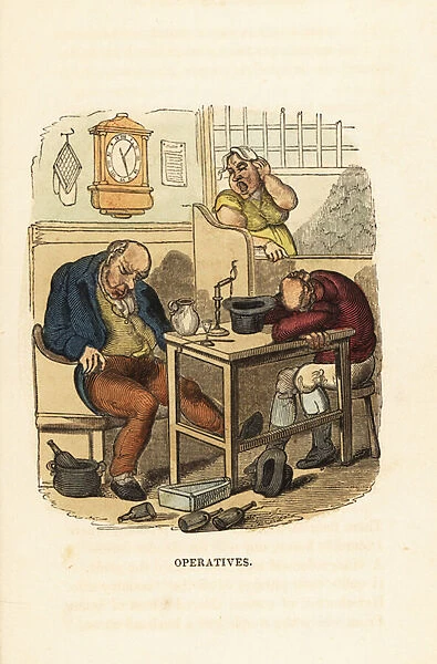 A barmaid in a tavern calls time on two sleeping drunks. 1831 (engraving)