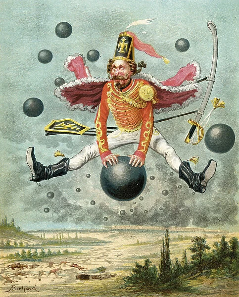 Baron Munchausen riding a cannonball during the fight with Tippoo, from The