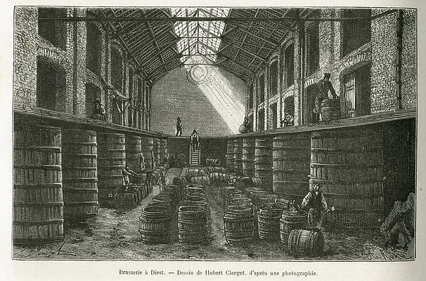 The barrel storage warehouses of a brewery in Diest. Engraving by Hubert Clerget, to illustrate the story of Belgium by Camille Lemonnier, published in the tour du monde, under the direction of Edouard Charton (1807-1890), Paris, 1881