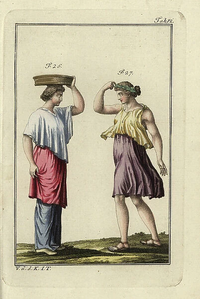 Basketweaver wearing a ricinium (short pallium) and a Greek dancer. Handcolored copperplate engraving from Robert von Spalart's ' Historical Picture of the Costumes of the Principal People of Antiquity and of the Middle Ages' (1796)