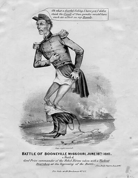 Battle of Booneville, Missouri, June 18th, 1861: a sketch of Genl. Price taken with a Violent Diarrhea at the beginning of the battle, published in New York, 1861 (litho)