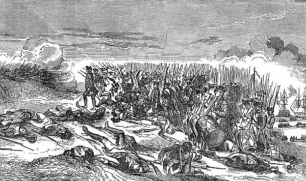 Battle of BUNKER HILL, June 17, 1775 at Boston. Bloody battle and heavy British losses (American Independence War). engraving 1855